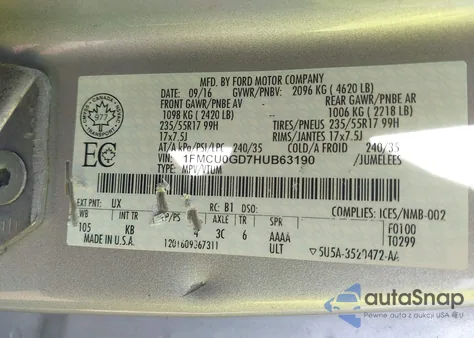 2017 Ford Escape Se from USA, damaged, VIN 1FMCU0GD7HUB63190